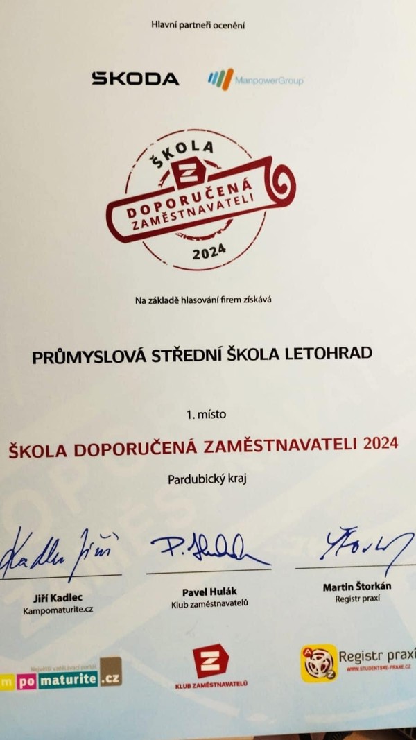 A ocenění "Škola doporučená zaměstnavateli" získává…